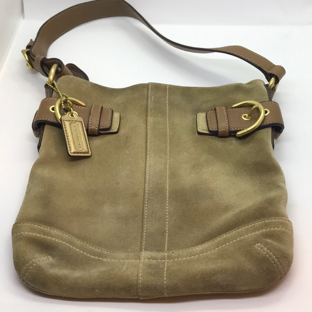 Coach Suede Shoulder Bag in Tan with Gold Hardware